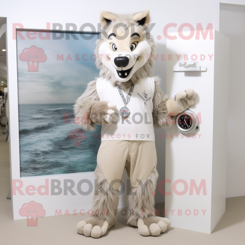 Beige Say Wolf mascot costume character dressed with a Swimwear and Bracelet watches Beige Say Wolf mascot costume character dressed with a Swimwear and Bracelet watches
