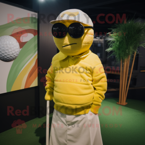 Yellow Golf Ball mascot costume character dressed with a Sweater and Sunglasses