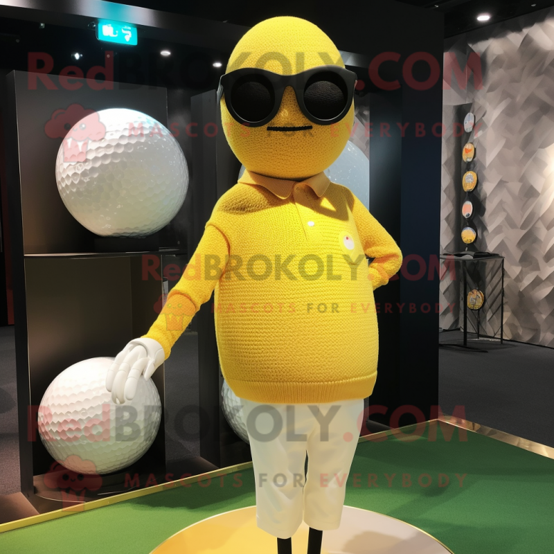 Yellow Golf Ball mascot costume character dressed with a Sweater and Sunglasses