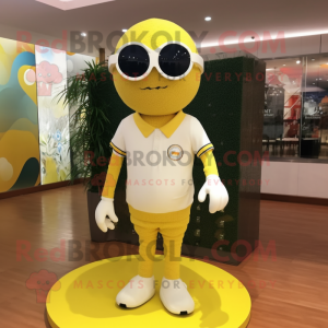 Yellow Golf Ball mascot costume character dressed with a Sweater and Sunglasses