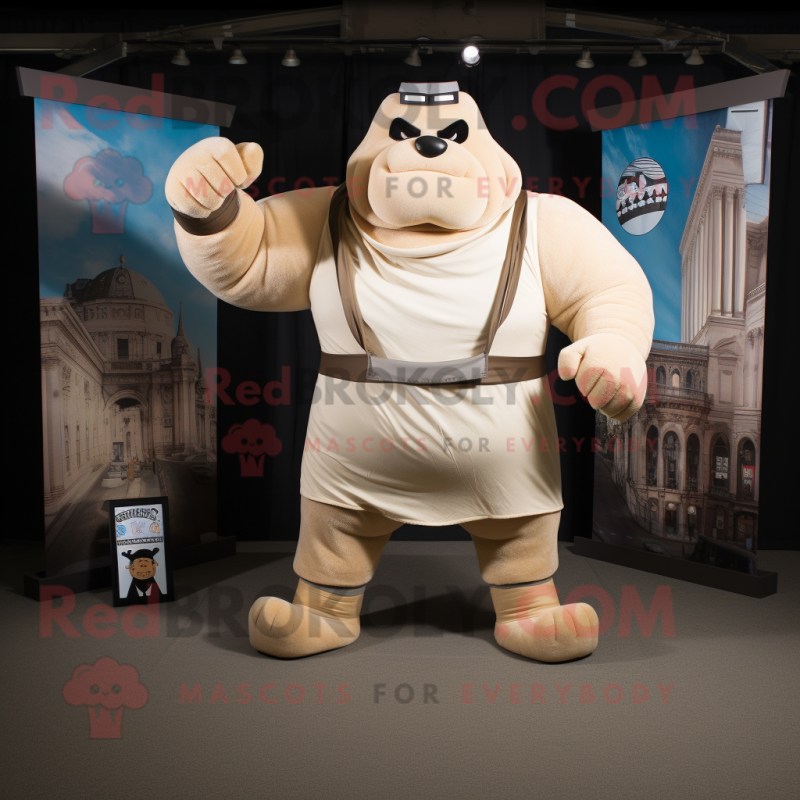 Beige Strongman mascot costume character dressed with a Romper and Scarves Beige Strongman mascot costume character dressed with a Romper and Scarves