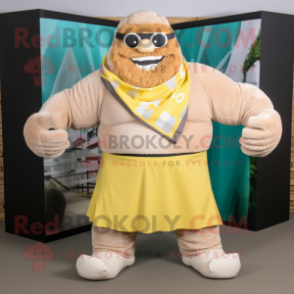 Beige Strongman mascot costume character dressed with a Romper and Scarves