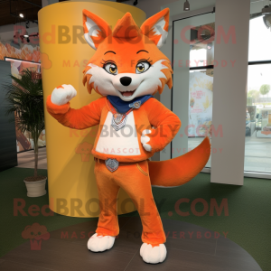 Orange Fox mascot costume character dressed with a Flare Jeans and Wraps