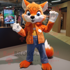 Orange Fox mascot costume character dressed with a Flare Jeans and Wraps