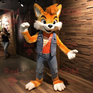 Orange Fox mascot costume character dressed with a Flare Jeans and Wraps