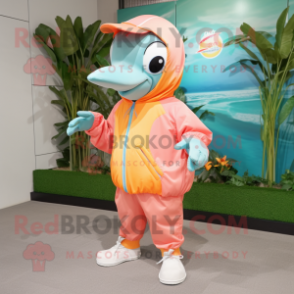 Peach Dolphin mascot costume character dressed with a Windbreaker and Tie pins