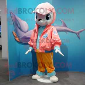 Peach Dolphin mascot costume character dressed with a Windbreaker and Tie pins