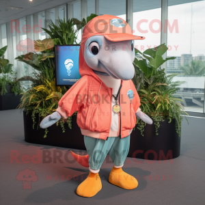 Peach Dolphin mascot costume character dressed with a Windbreaker and Tie pins