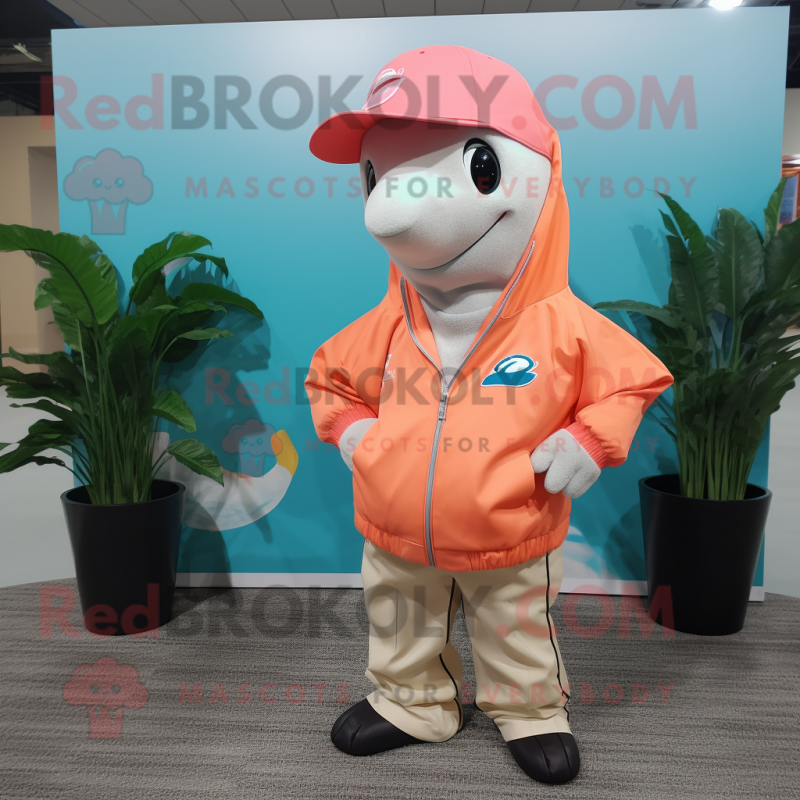 Peach Dolphin mascot costume character dressed with a Windbreaker and Tie pins