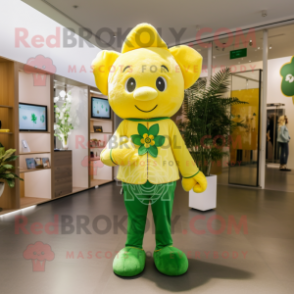 Lemon Yellow Four Leaf Clover mascot costume character dressed with a T-Shirt and Brooches