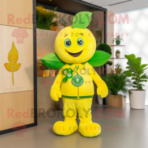 Lemon Yellow Four Leaf Clover mascot costume character dressed with a T-Shirt and Brooches