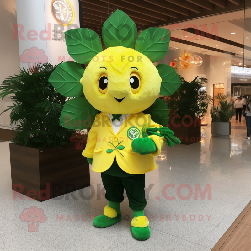 Lemon Yellow Four Leaf Clover mascot costume character dressed with a T-Shirt and Brooches Lemon Yellow Four Leaf Clover mascot costume character dressed with a T-Shirt and Brooches
