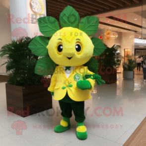 Lemon Yellow Four Leaf Clover mascot costume character dressed with a T-Shirt and Brooches