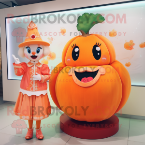 Peach Mandarin mascot costume character dressed with a Mini Dress and Watches