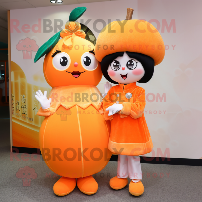 Peach Mandarin mascot costume character dressed with a Mini Dress and Watches