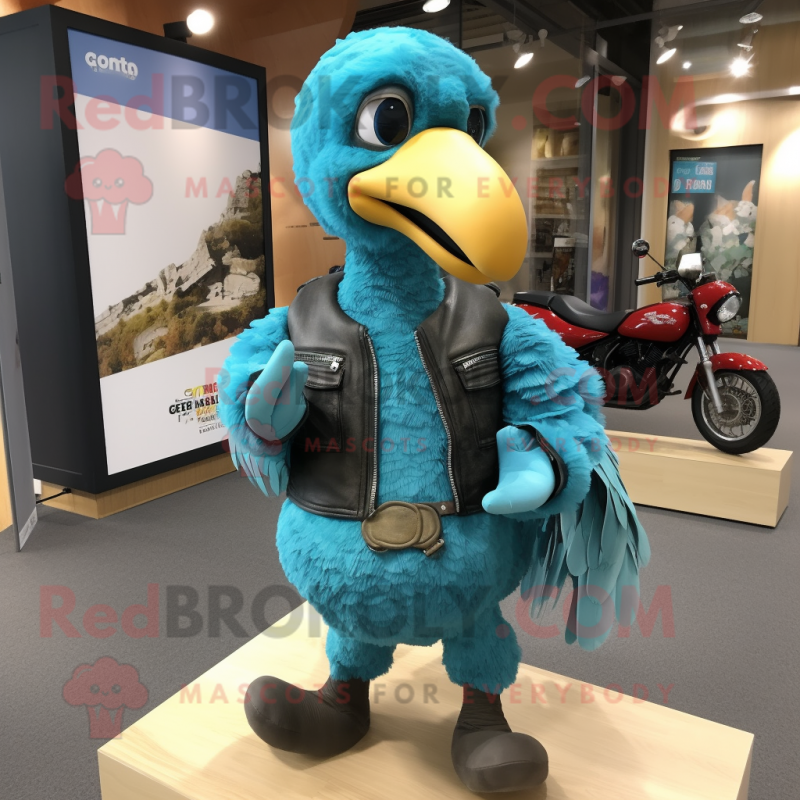 Turquoise Dodo Bird mascot costume character dressed with a Biker Jacket and Shawls