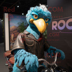 Turquoise Dodo Bird mascot costume character dressed with a Biker Jacket and Shawls