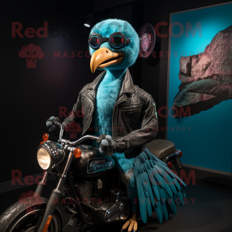 Turquoise Dodo Bird mascot costume character dressed with a Biker Jacket and Shawls