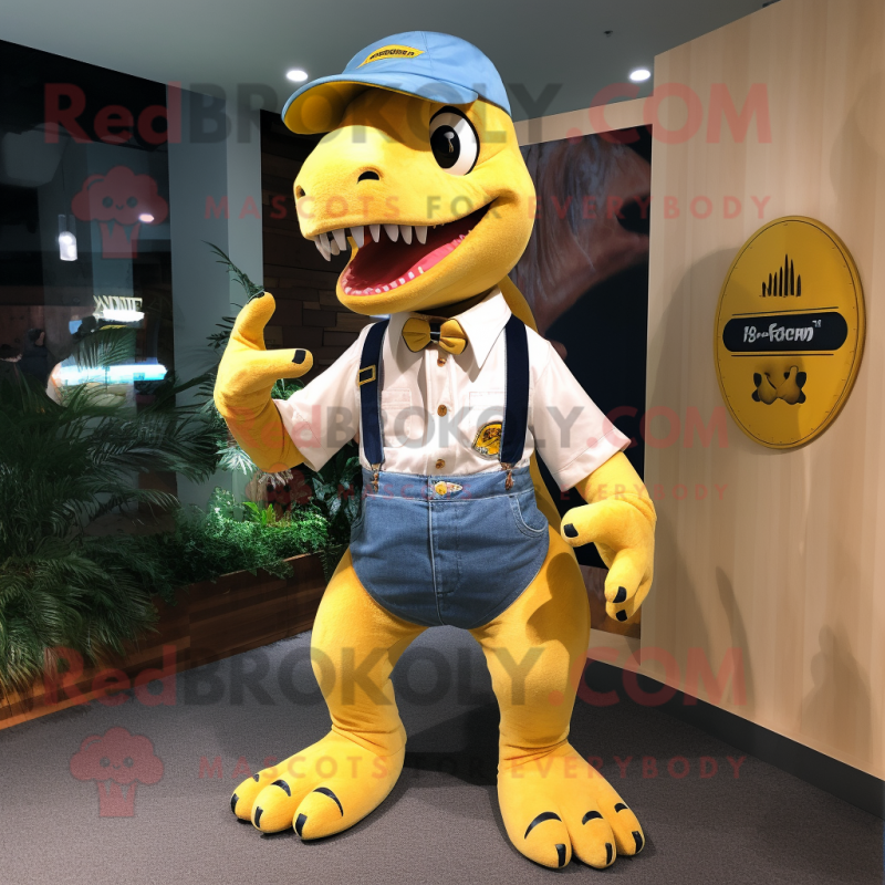 Yellow Tyrannosaurus mascot costume character dressed with a Denim Shorts and Bow ties