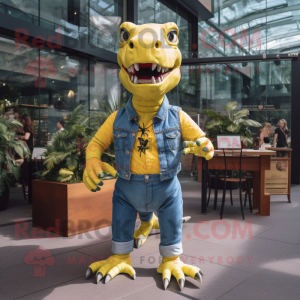 Yellow Tyrannosaurus mascot costume character dressed with a Denim Shorts and Bow ties