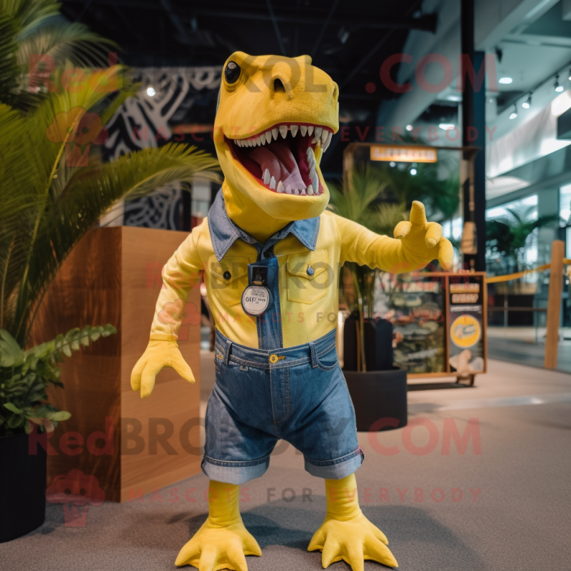 Yellow Tyrannosaurus mascot costume character dressed with a Denim Shorts and Bow ties