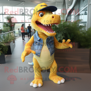 Yellow Tyrannosaurus mascot costume character dressed with a Denim Shorts and Bow ties