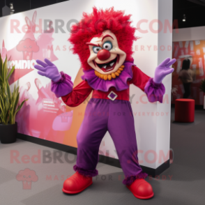 Magenta Evil Clown mascot costume character dressed with a Bootcut Jeans and Clutch bags