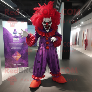 Magenta Evil Clown mascot costume character dressed with a Bootcut Jeans and Clutch bags