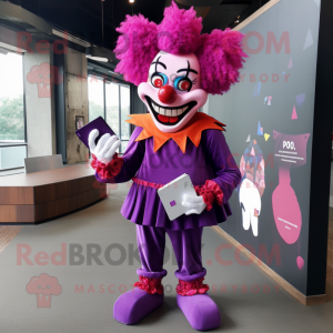 Magenta Evil Clown mascot costume character dressed with a Bootcut Jeans and Clutch bags