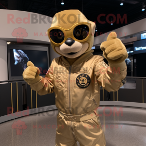 Gold Air Force Soldier mascot costume character dressed with a Bomber Jacket and Gloves