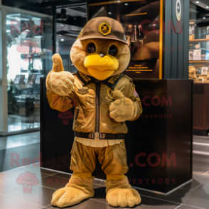 Gold Air Force Soldier mascot costume character dressed with a Bomber Jacket and Gloves