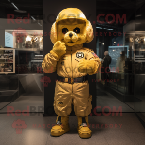 Gold Air Force Soldier mascot costume character dressed with a Bomber Jacket and Gloves