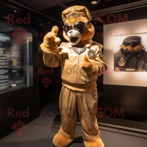 Gold Air Force Soldier mascot costume character dressed with a Bomber Jacket and Gloves