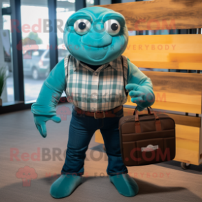 Teal Trilobite mascot costume character dressed with a Flannel Shirt and Briefcases