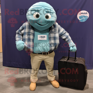 Teal Trilobite mascot costume character dressed with a Flannel Shirt and Briefcases