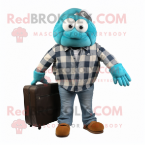 Teal Trilobite mascot costume character dressed with a Flannel Shirt and Briefcases