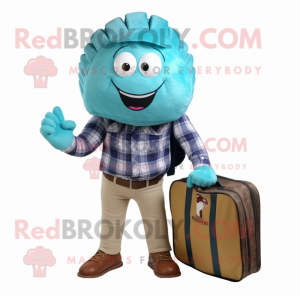Teal Trilobite mascot costume character dressed with a Flannel Shirt and Briefcases