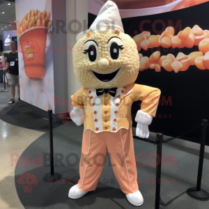 Peach Pop Corn mascot costume character dressed with a Dress Shirt and Shoe laces