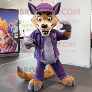 Purple Dingo mascot costume character dressed with a Flare Jeans and Caps