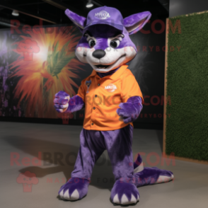 Purple Dingo mascot costume character dressed with a Flare Jeans and Caps