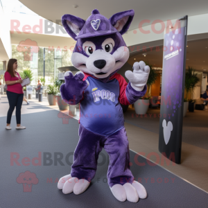 Purple Dingo mascot costume character dressed with a Flare Jeans and Caps