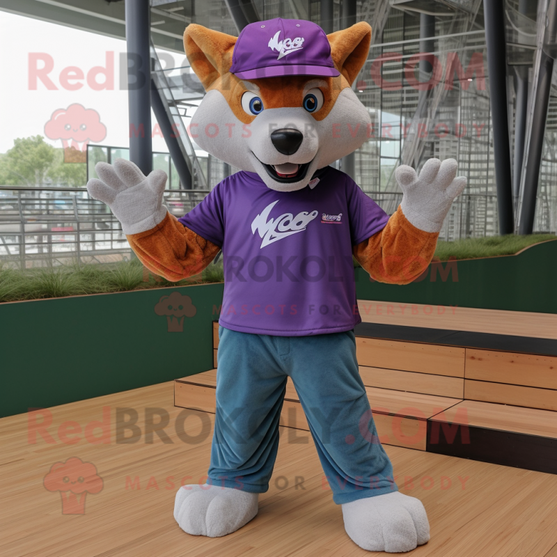 Purple Dingo mascot costume character dressed with a Flare Jeans and Caps