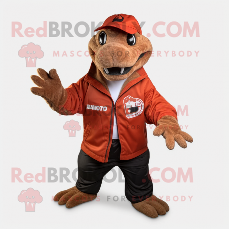 Red Komodo Dragon mascot costume character dressed with a Parka and Caps
