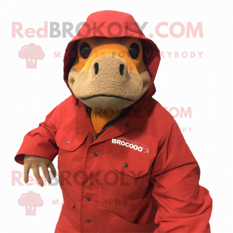 Red Komodo Dragon mascot costume character dressed with a Parka and Caps Red Komodo Dragon mascot costume character dressed with a Parka and Caps