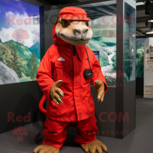 Red Komodo Dragon mascot costume character dressed with a Parka and Caps