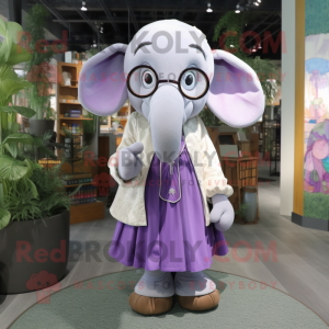 Lavender Elephant mascot costume character dressed with a Dress and Eyeglasses