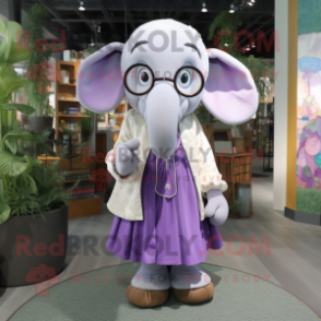 Lavender Elephant mascot costume character dressed with a Dress and Eyeglasses