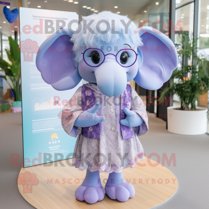 Lavender Elephant mascot costume character dressed with a Dress and Eyeglasses Lavender Elephant mascot costume character dressed with a Dress and Eyeglasses