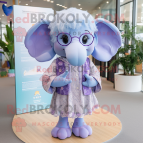 Lavender Elephant mascot costume character dressed with a Dress and Eyeglasses