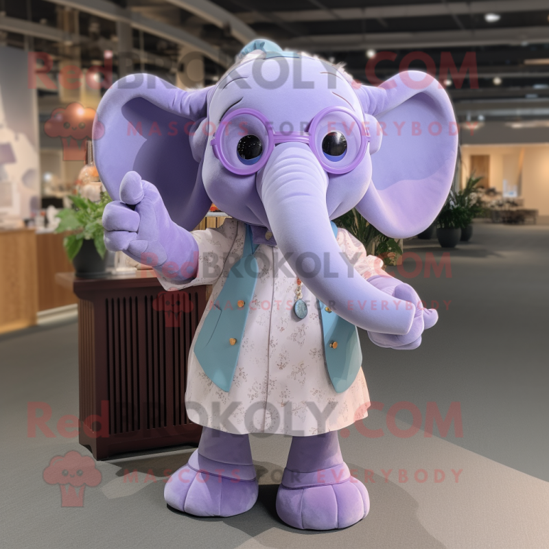 Lavender Elephant mascot costume character dressed with a Dress and Eyeglasses Lavender Elephant mascot costume character dressed with a Dress and Eyeglasses